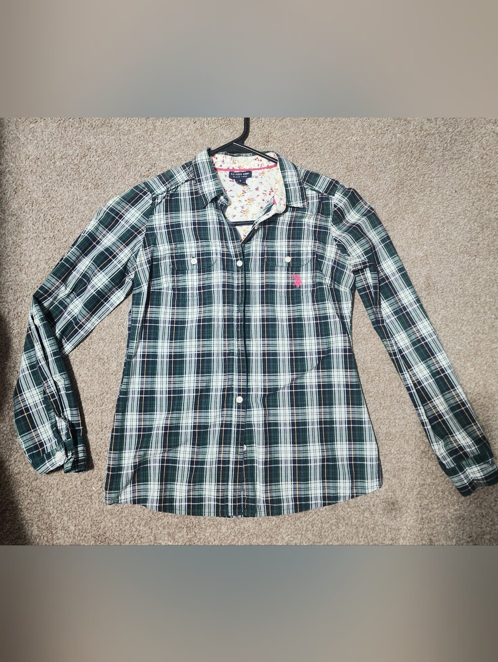 U.S. Polo Assn. Green and White Plaid Button-Down Shirt with Pink Logo